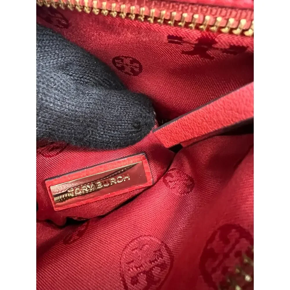 Tory Burch Pebbled Leather Foldover Crossbody Red Coral Tassel Shoulder Purse